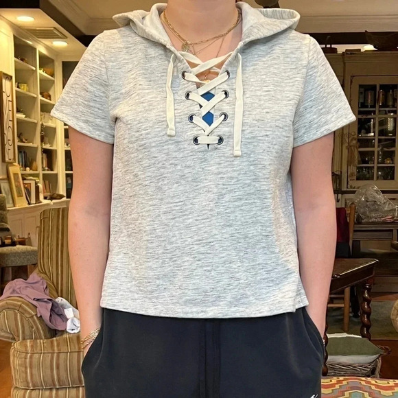 Madewell Lace Up Short Sleeve Hooded Merino Wool Sweater Hoodie Size L - Picture 5 of 5